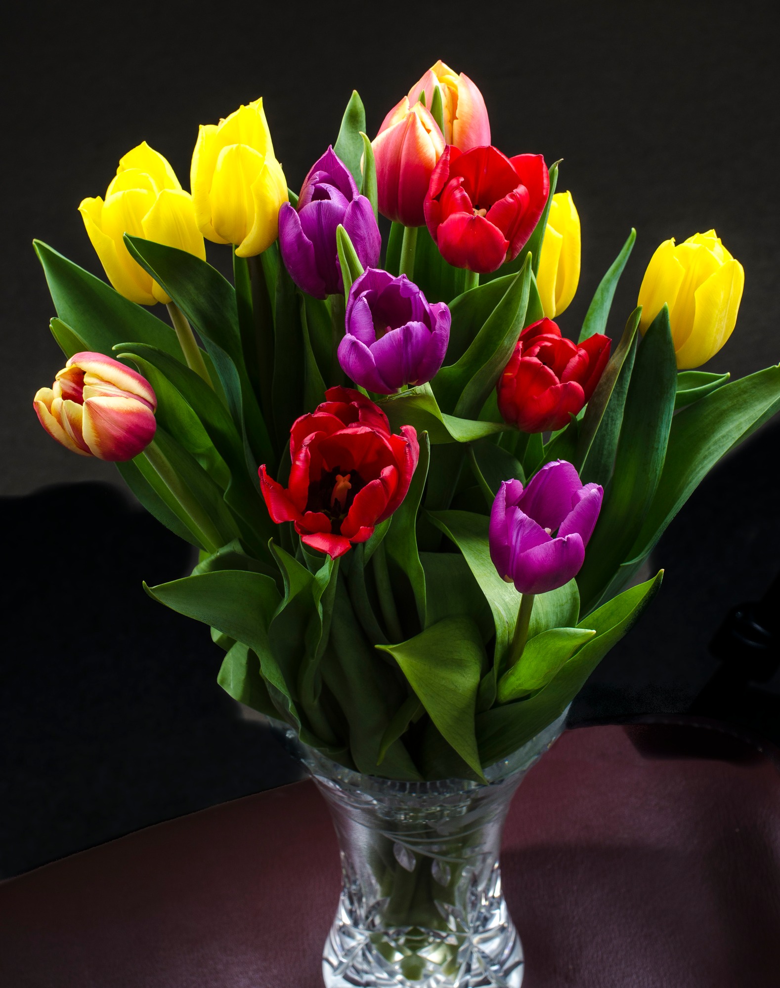 Tulips on a brown Leather Stool